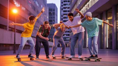 Grupo de jóvenes practicando deportes extremos juntos en un entorno urbano